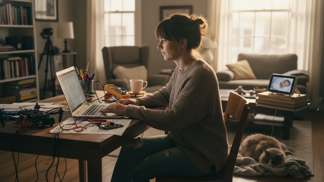 Founder at home desk with baby monitor in background