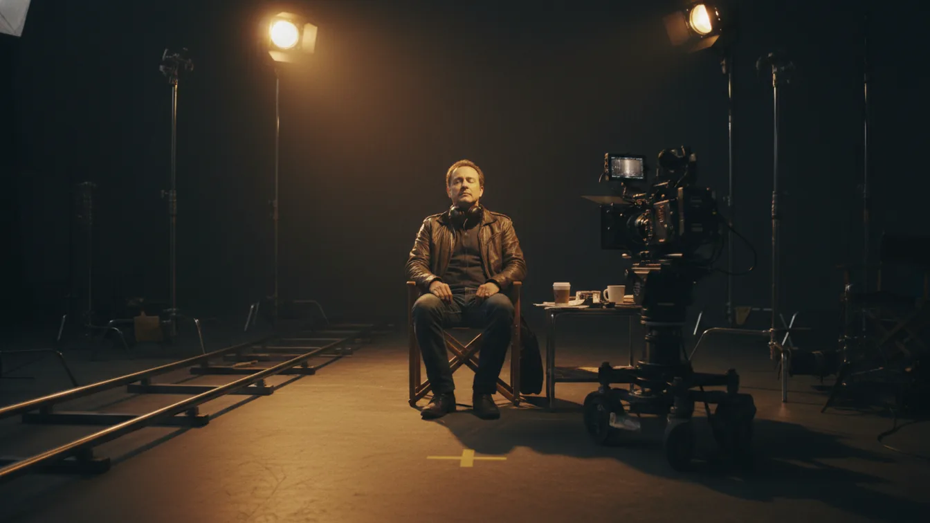 Film director in canvas chair on empty set