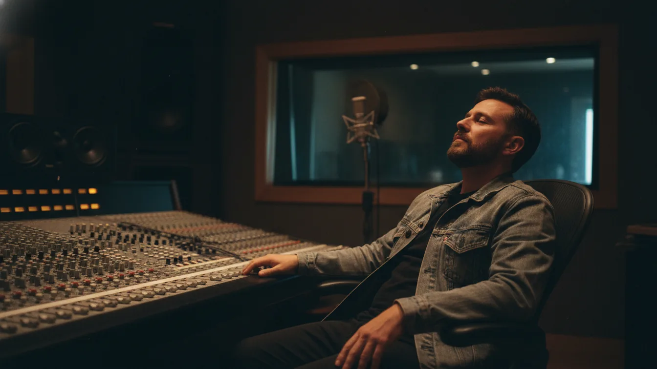 Music producer at a console, listening with eyes closed