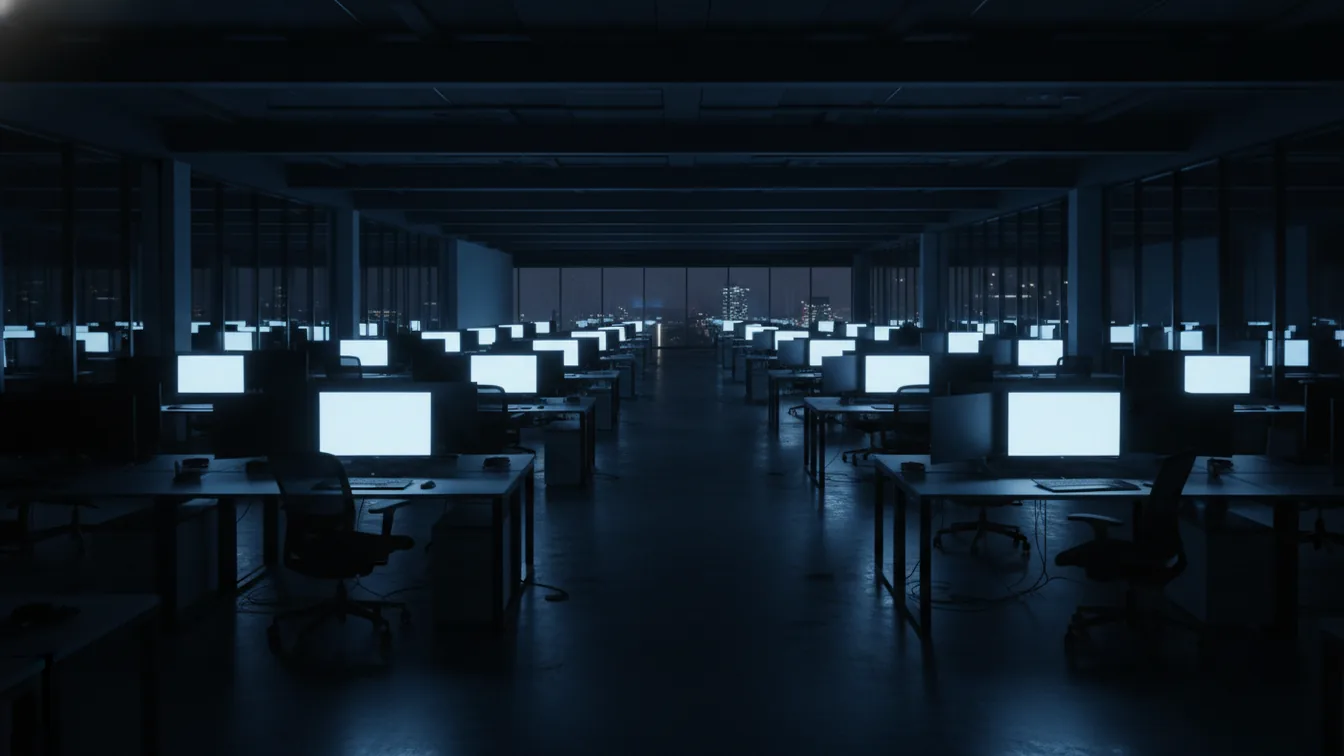 Empty open-plan office at night with screens glowing