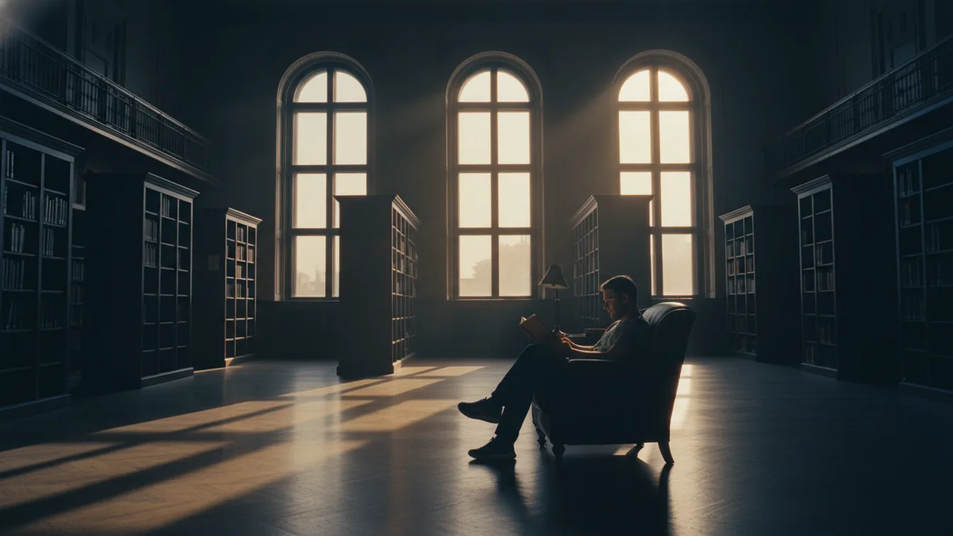 Person reading alone in an empty library