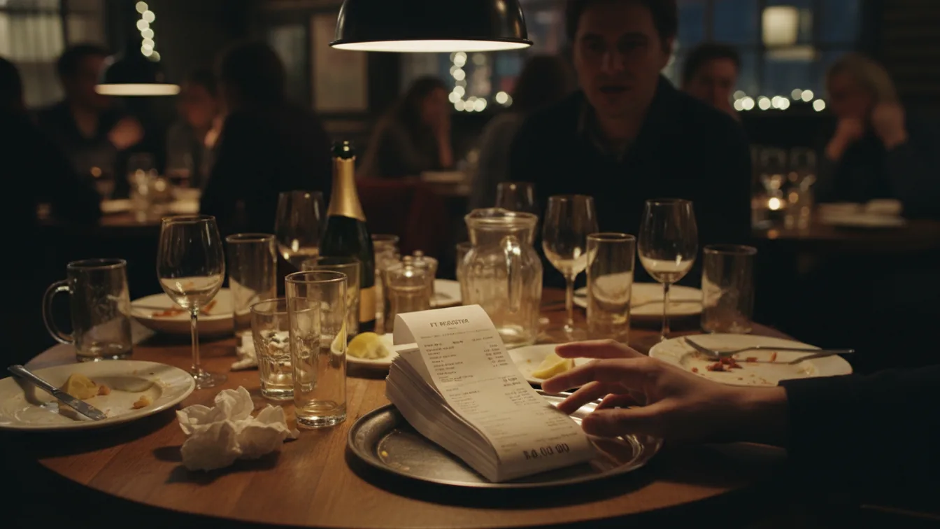 Restaurant bill arriving at table still covered in glasses