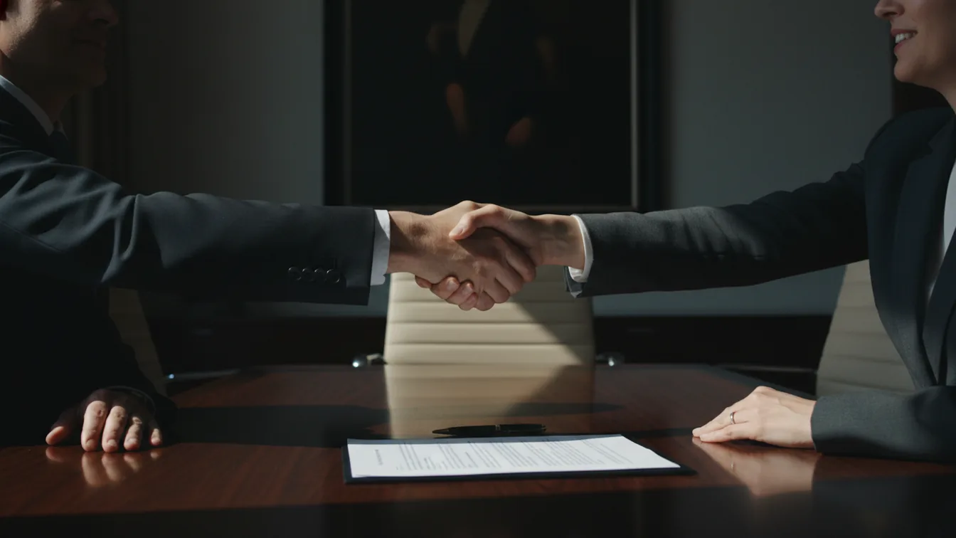 Handshake across meeting table with signed contract