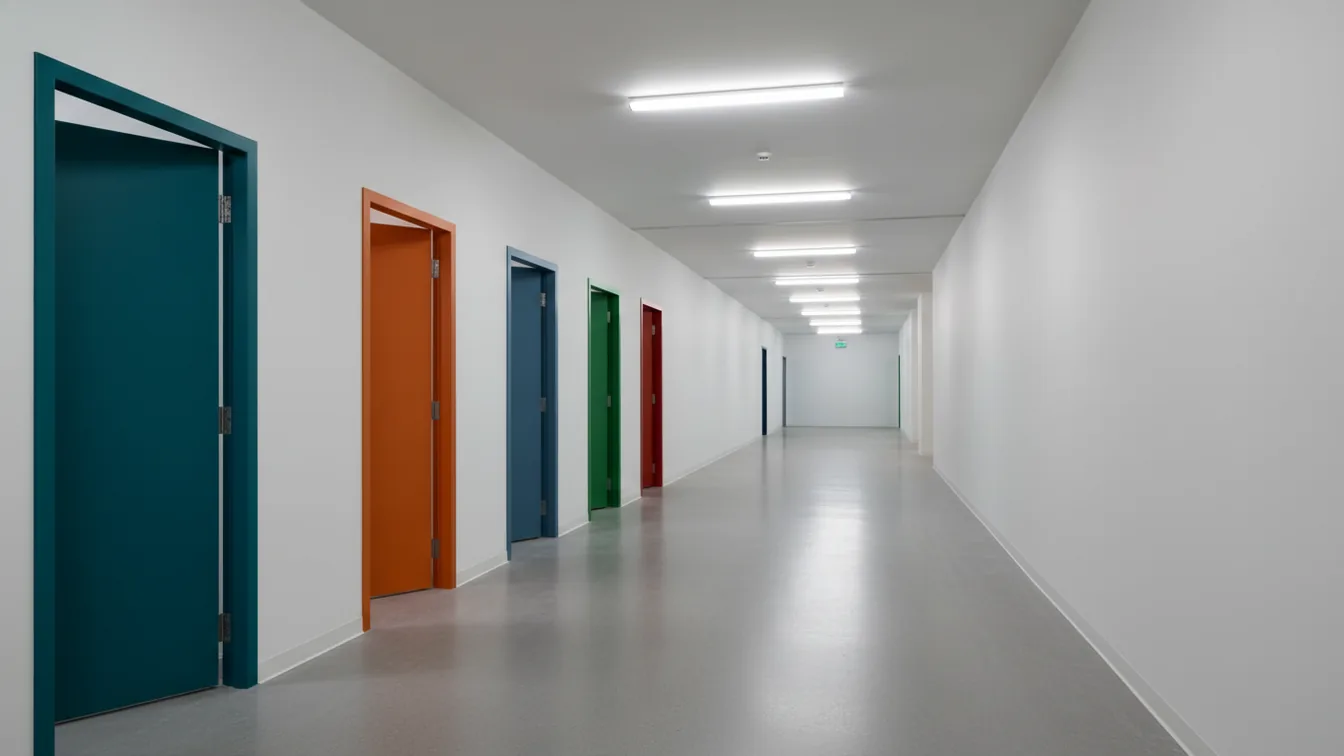 Five distinct doorways in a corridor