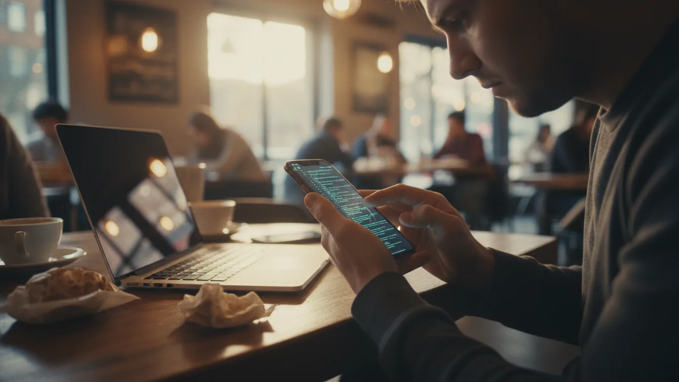 Person typing on smartphone in coffee shop